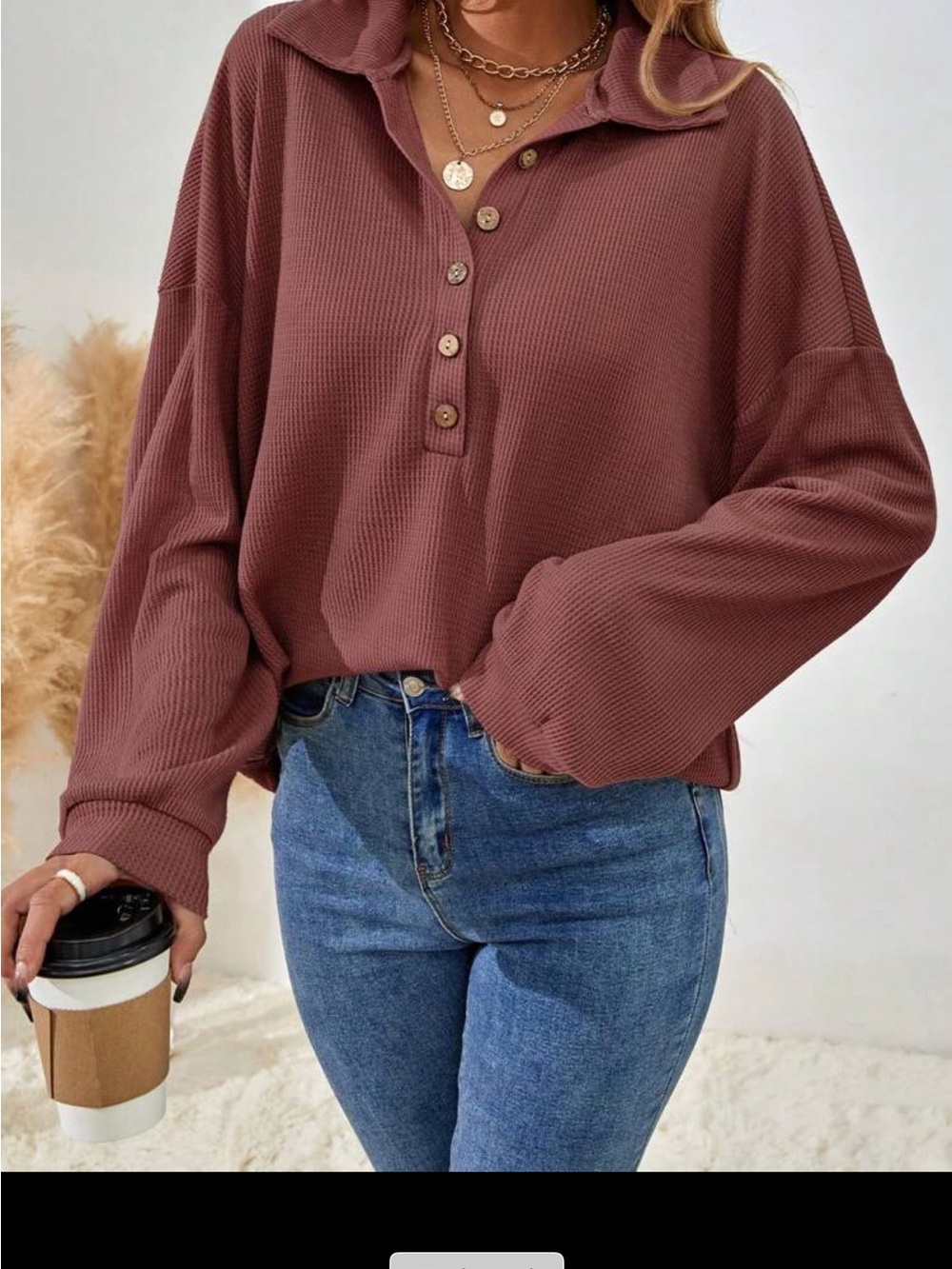 SHEIN Waffle-Knit Buttoned polo in redwood/pink